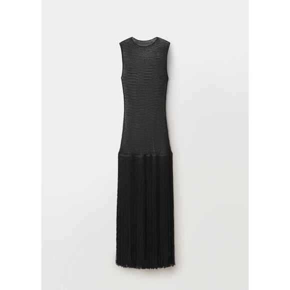Mango Openwork Knit Dress With Fringes - 8 - Black - Picture 1 of 5